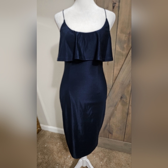 RARE LONDON Lurex Sheen Bodycon Midi Dress Sleeveless In Navy. Size 4 - Picture 4 of 13